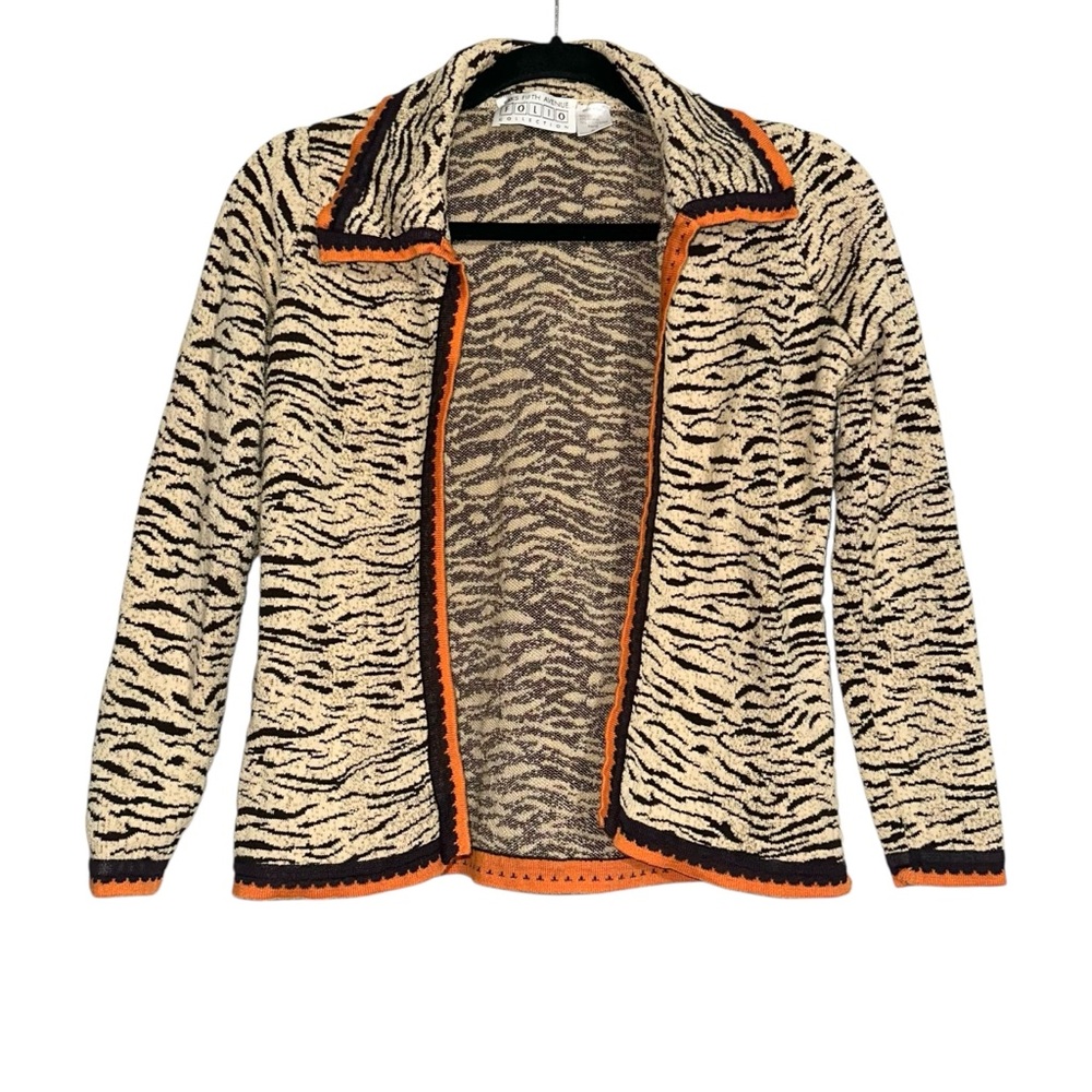 Saks Fifth Avenue Folio Collection Zebra Print Collared Vintage Cardigan SMALL